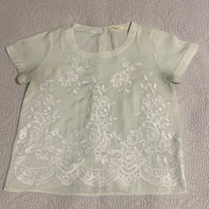 Light mint top with white lace detail, size S.